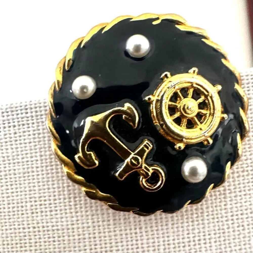 Navy round nautical western clip on vintage earrings